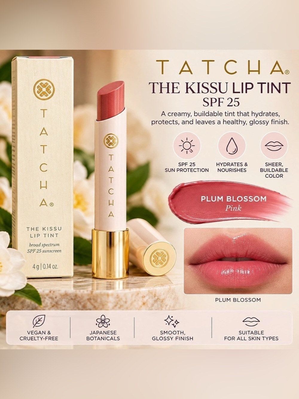 Tatcha The Kissu Lip Tint SPF 25 Plum Blossom Pink NWT
